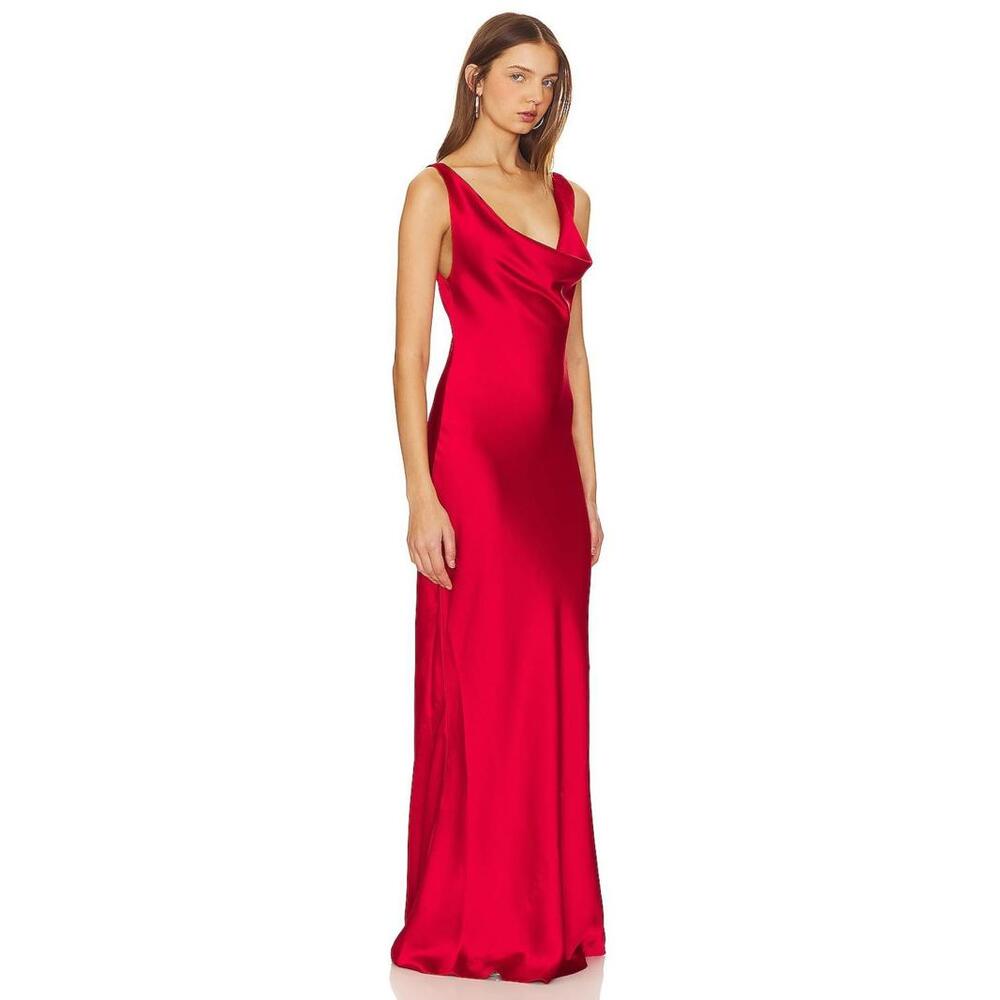 Revolve Norma Kamali Deep Drape Neck satin Gown Tiger Red Elegant S  $395 msrp